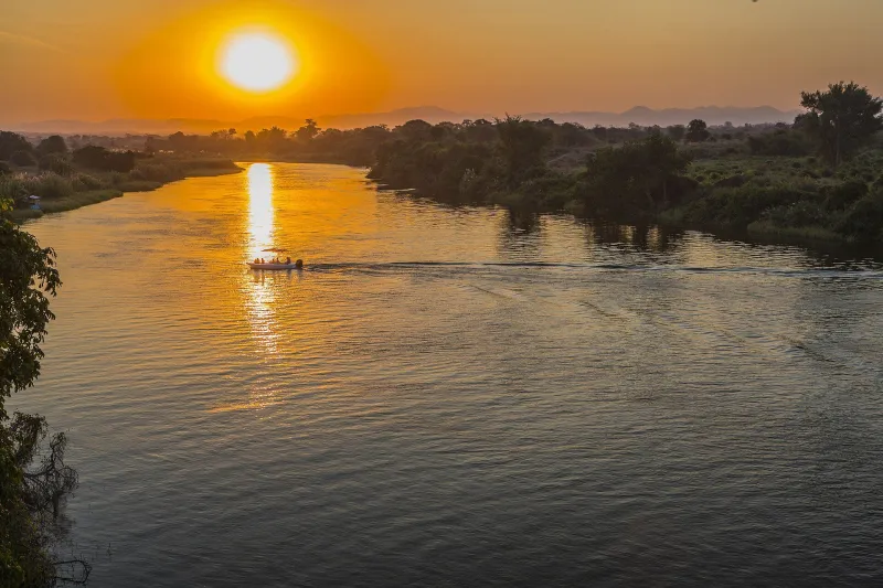 Sunset over the Zambezi river on the border between Zambia and Zimbabwe.