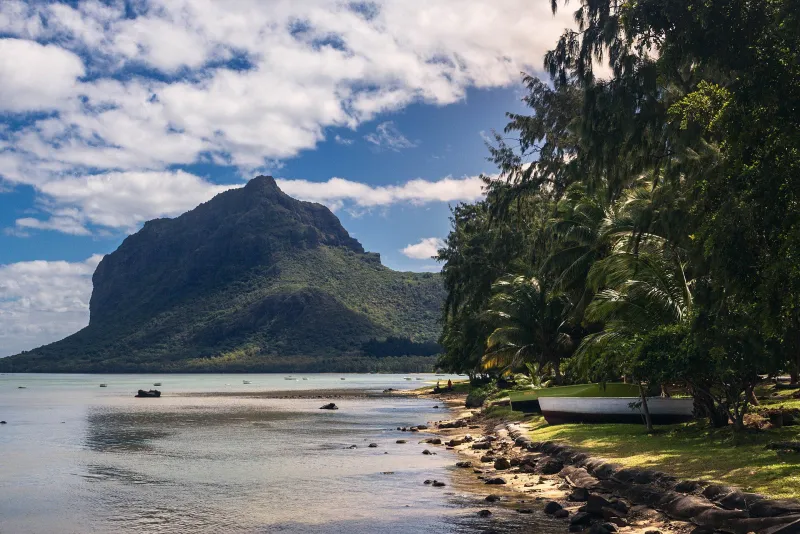 Le Morne Brabant mountain rising above a calm lagoon and palm-lined shore in Mauritius.