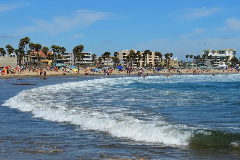 Waves rolling onto Venice Beach in Los Angeles with palm trees and buildings behind.