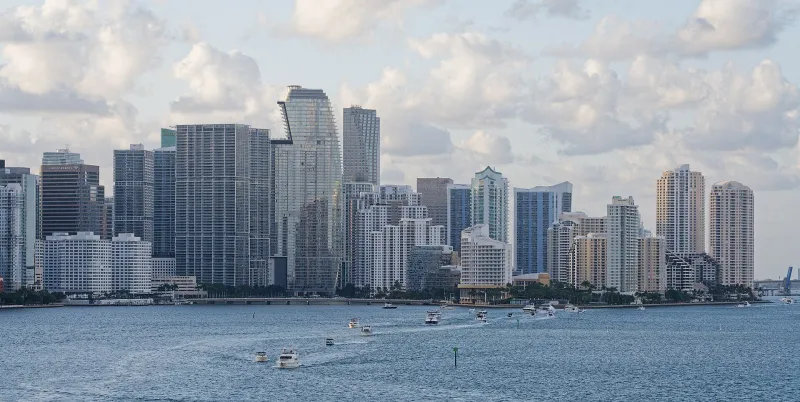Miami skyline across the waters of Biscayne Bay.